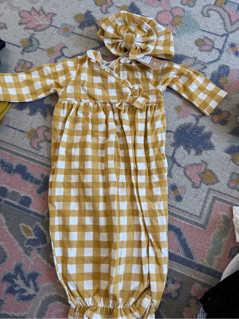 Mud Pie Mustard Yellow and White Gingham Baby One-Piece with Headband